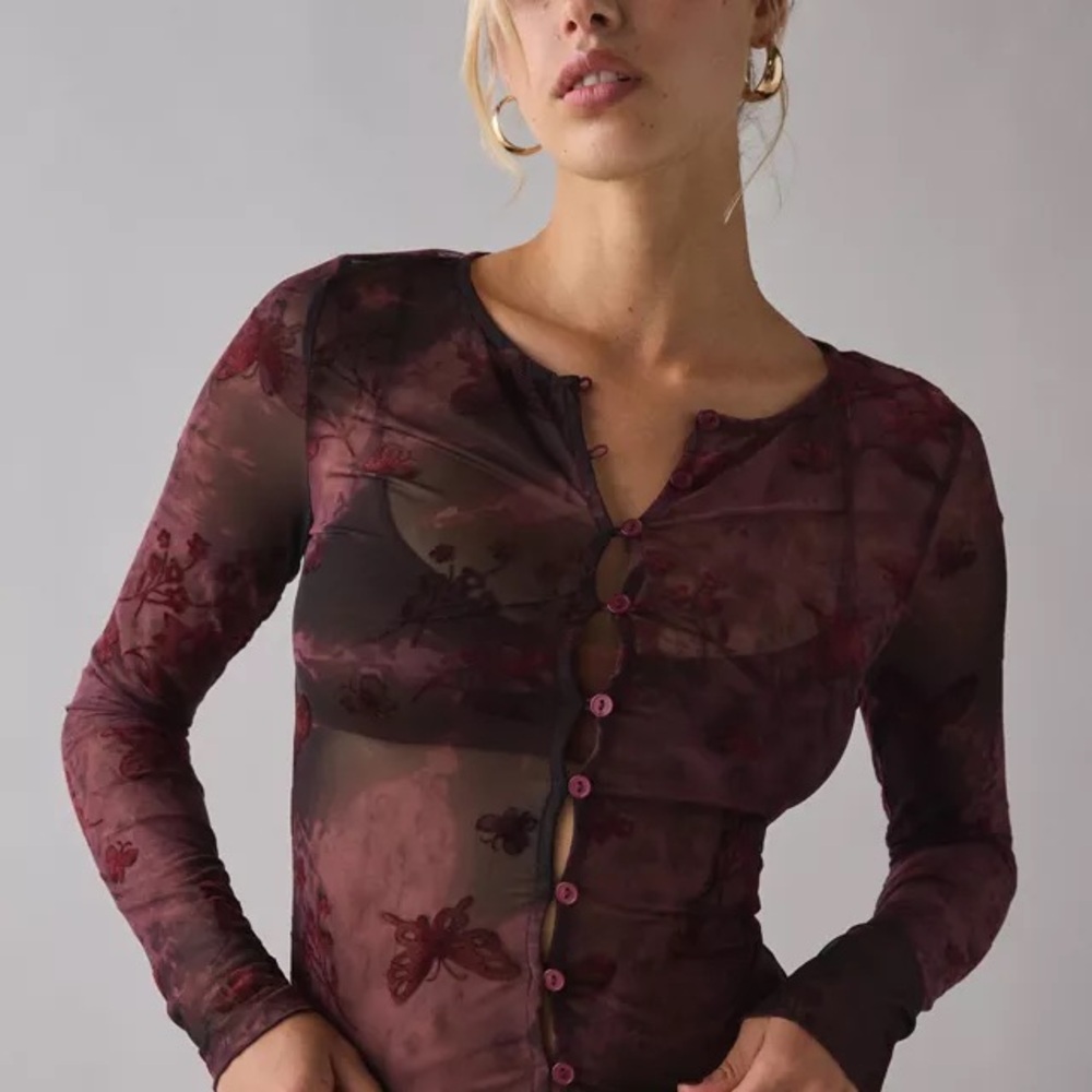 Urban Outfitters NWT Floral Sheer Long Sleeve Top - Burgundy